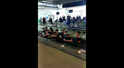 PIC: This stag party made excellent use of the travelator at Dublin Airport