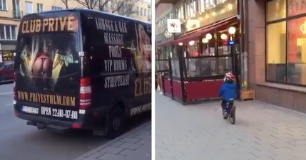 Cycling kid gets distracted by stripper van and the inevitable happens soon after