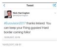 UK politician tweets abuse in reaction to Ireland giving zero points in Eurovision