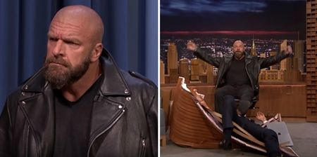 Jimmy Fallon getting smashed through his desk by Triple H is exactly what you need to see right now