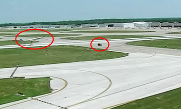 Scary scenes as an airplane that’s taking off narrowly misses a van that’s crossing the runway