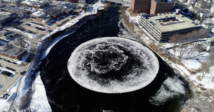 A massive spinning ice disc has formed on a US river