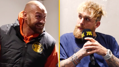 Jake Paul startled as Tyson Fury crashes his back-stage interview