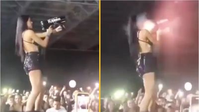 DJ accidentally shoots herself in the face with a confetti cannon while performing
