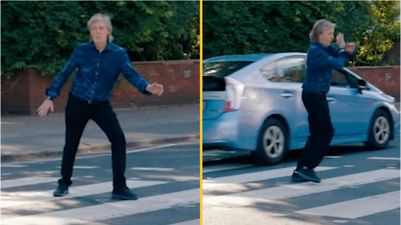 Close call as Paul McCartney tries to pose on Abbey Road crossing