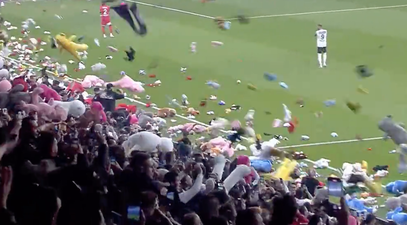 Football fans throw stuffed toys onto pitch for earthquake victims